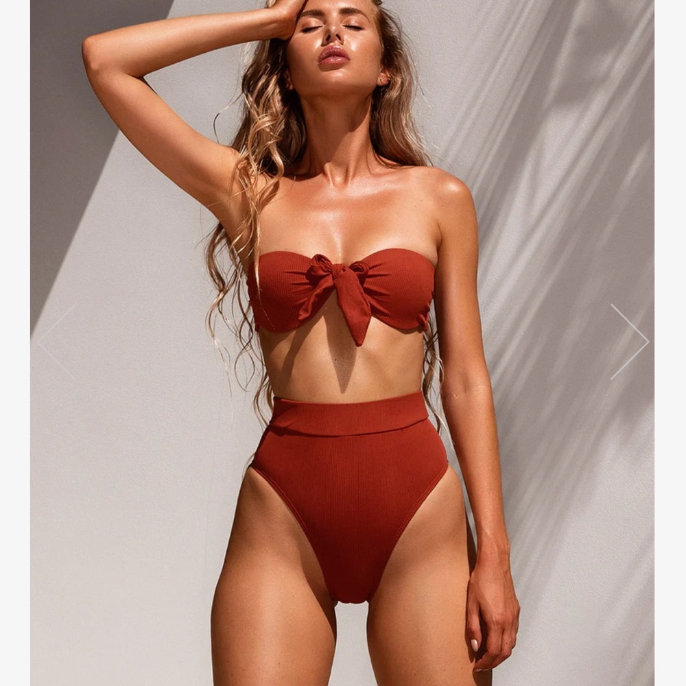 Somerfield swim bikini . Terracotta high waisted Bottoms with 2 style tops.